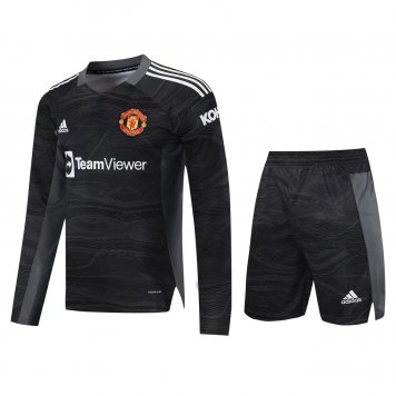 Manchester United Soccer Jersey + Shorts Replica Goalkeeper Black Long Sleeve Mens 2021/22