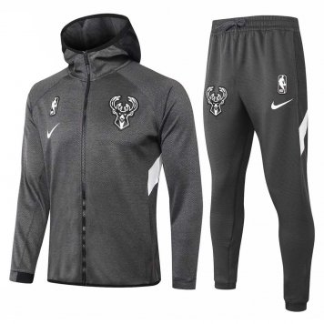 2020/21 Milwaukee Bucks Hoodie Grey Mens Soccer Training Suit(Jacket + Pants)