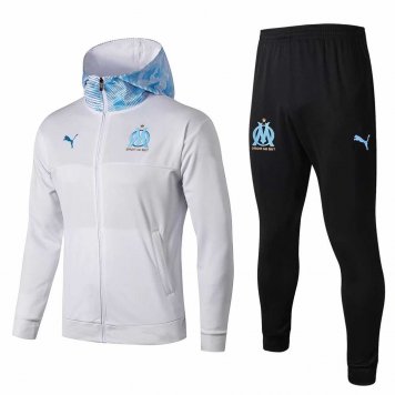 2019/20 Olympique Marseille Hoodie White Mens Soccer Training Suit(Jacket + Pants)