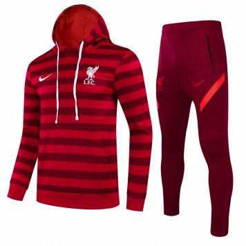 Liverpool Hoodie Red Stripe Soccer Training Suit Sweatshirt + Pants Mens 2021/22