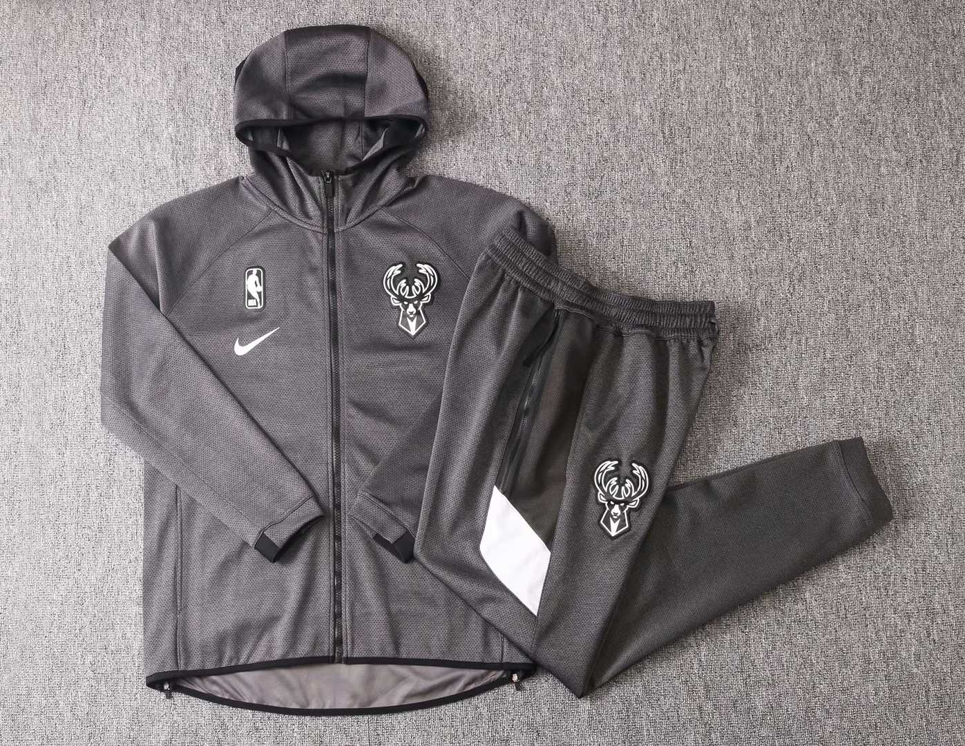 2020/21 Milwaukee Bucks Hoodie Grey Mens Soccer Training Suit(Jacket + Pants)
