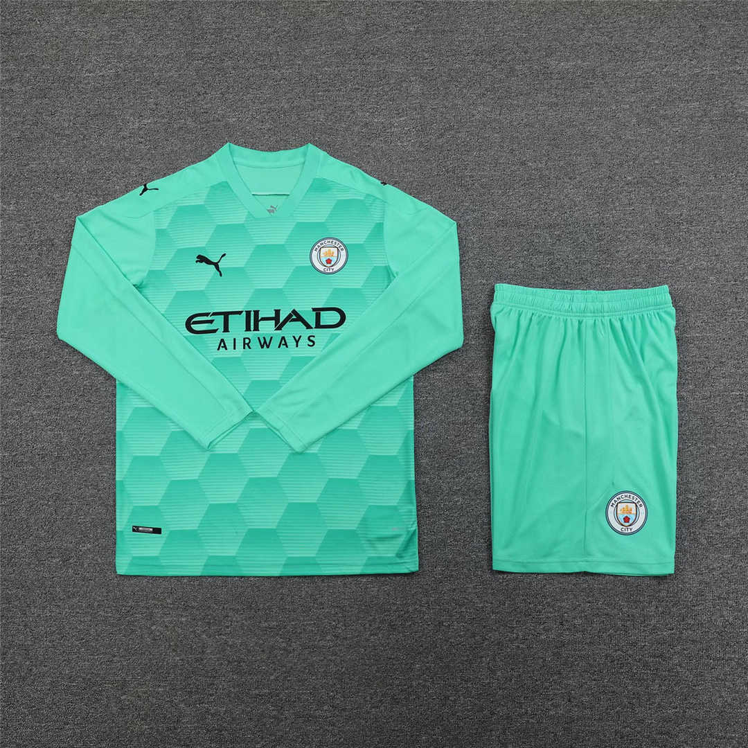 2020/21 Manchester City Goalkeeper Green Long Sleeve Mens Soccer Jersey Replica  + Shorts Set