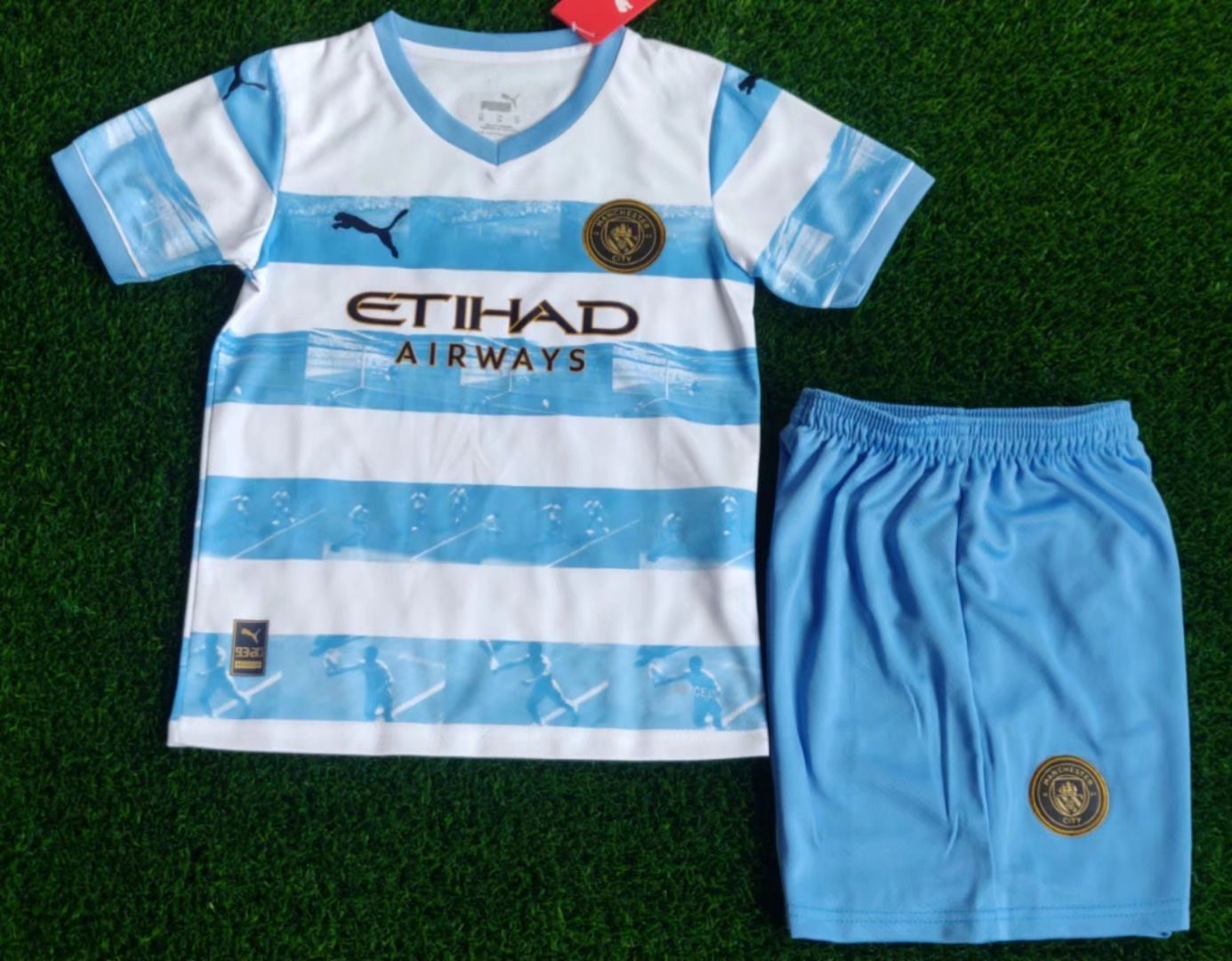 Manchester City 93:20 Anniversary Blue Soccer Jersey + Short Replica Youth 2022/23