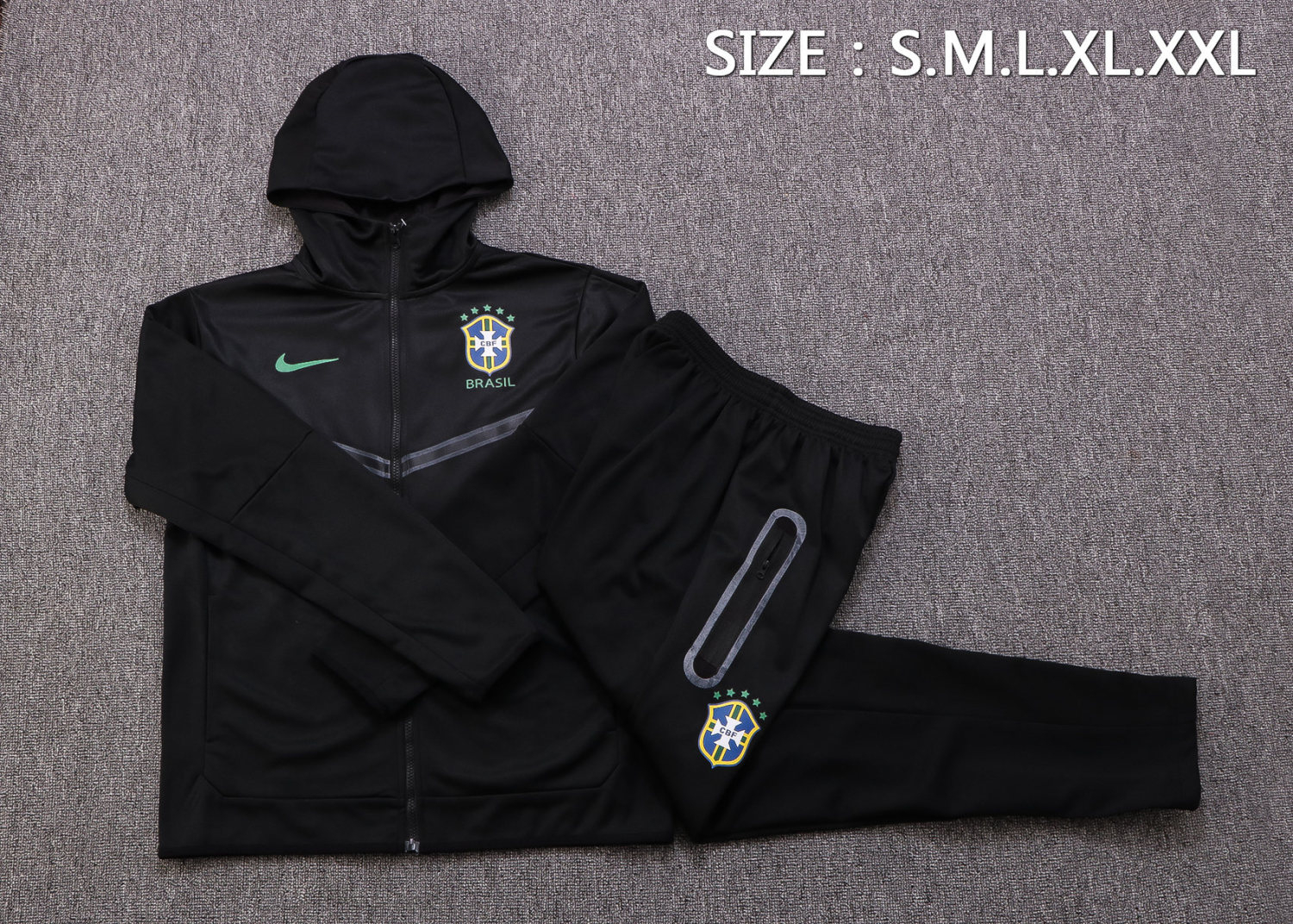 Brazil Hoodie Black Soccer Jacket + Pants Replica Mens 2022
